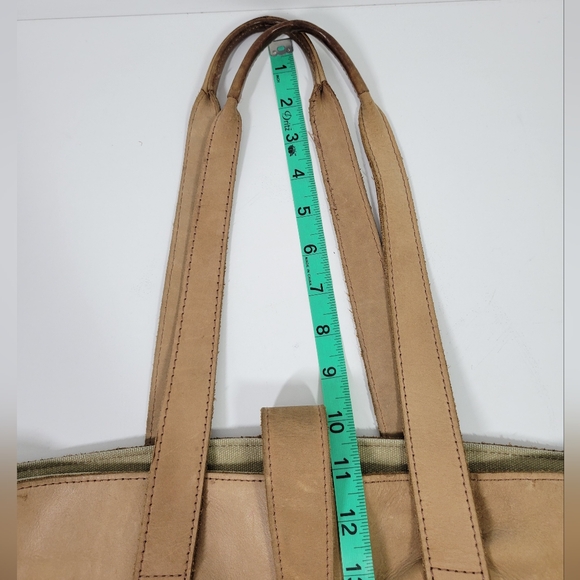 Vintage LL Bean Tan Leather Green Cotton Canvas Buckle Shoulder Bag Tote - Picture 4 of 6